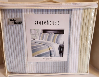 NWT Quilted Bedspread Soft Blue Lime White Full Queen Striped Cotton Blend - Image 1 of 4