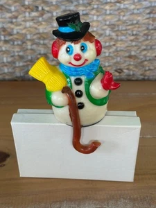 Vintage Plastic Snowman Shelf Sitter Christmas Stocking Holder Broom & Bird - Picture 1 of 6
