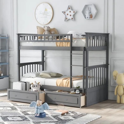 Twin over Twin Bunk Bed with Drawers - Convertible Design for Kids' Bedroom - Image 1 of 4