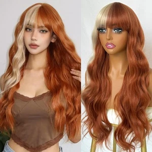 Blonde & Copper Split Synthetic Wig with Bangs - Two Tone Hair Color, Copper ... - Picture 1 of 6