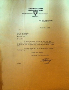 Triangle Film Letterhead June 5 1916 His Auto Ruination The Raiders Silent Films - Picture 1 of 1
