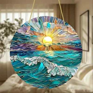 Abstrakt Ozean Sonnenuntergang Küste Sonnenfänger Buntglasoptik Hängedeko Geschenk - Bild 1 von 5