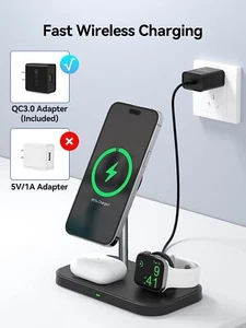 Wireless Charger 3 in 1 Mag-Safe Charger Stand 15W Fast Charging Station w QC3.0 - Picture 1 of 8