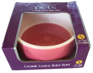 CERAMIC PAWS DOG WATER FOOD BOWL GOLD/PINK SMALL APPROX 12CM - Picture 1 of 4