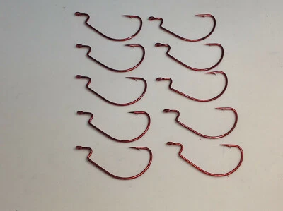 10 x 1/0 Red Wide Gape Worm EWG Hook Soft Plastic Fishing Weedless Jerk bait  - Image 1 of 2