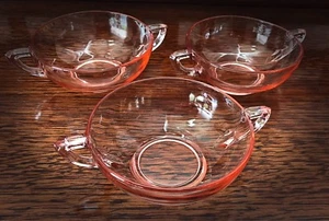 3 Rare Pink Depression Glass Double Handle Bowls - 6 1/4” Width - Picture 1 of 4