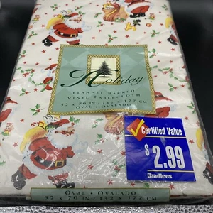 Christmas Flannel Back Vinyl Tablecloth Oval 52” X 70” Santa Vintage - Picture 1 of 5