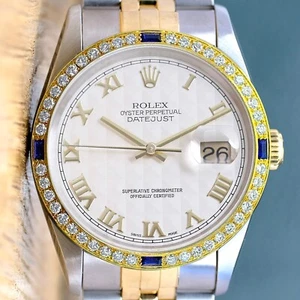 ROLEX DATEJUST 16233 WATCH CREAM ROMAN DIAL DIAMOND-SAPPHIRE 18K TWOTONE JUBILEE - Picture 1 of 8