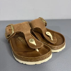 Birkenstock Gizeh Big Gold Buckle Slide Brown Leather Sandals Women's Sz 5 EU 36 - Picture 1 of 8