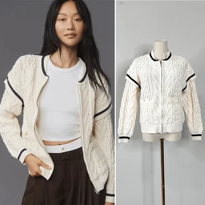 Anthropologie Cable Knit Bomber Sweater XS Cottage Academia Fisherman Cardigan - Picture 1 of 11