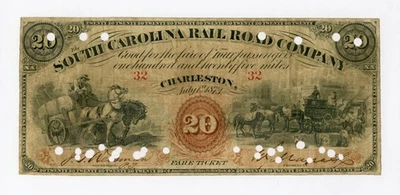 1873 $20 The SOUTH CAROLINA Rail Road Company "Fare Ticket" Note - Image 1 of 2