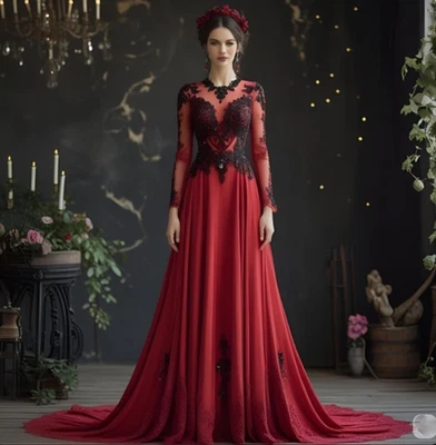 Винтажный красный длинные рукава свадебные платья атласной линии кружева аппликации свадебное платье - Изображение 1 из 4