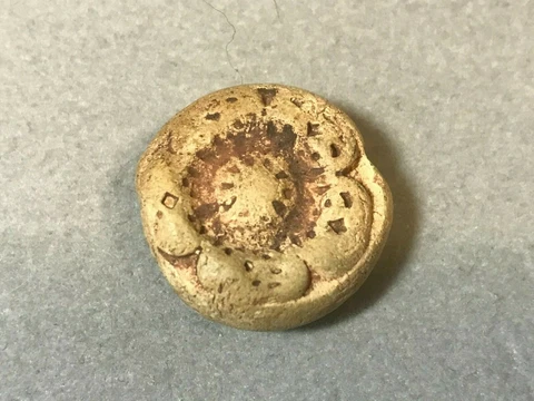 Antique Crude Pottery or Stone Button Coin ? Flower Design Hole Through Middle1" Cover