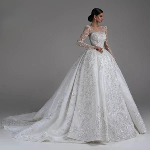 Vestido de Baile Brillante Vestidos de Novia 2024 Cuello Barco Manga Larga Vestido de Novia Encaje - Imagen 1 de 5
