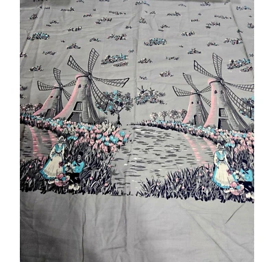 全新 35 英寸 x 3 码 复古 40 年代 50 年代 荷兰 新奇边框印花织物 荷兰风车 — 第 1/4 张图片