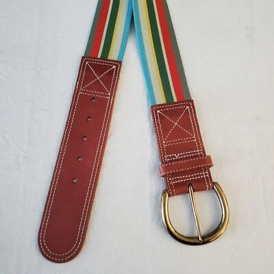 FOSSIL Womens Large 28"-32" Brown Leather Striped Elastic Stretch Belt 2" Width - Image 1 of 4