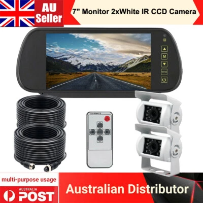 7" Rearview Mirror Monitor 2x white 4PIN System IR CCD Reversing Camera Caravan - Image 1 of 4