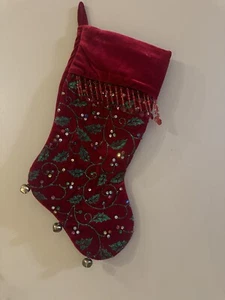 RED VELVET BEADED CHRISTMAS STOCKING WITH SEQUIN, GLITTER AND JINGLE BELLS - Picture 1 of 6