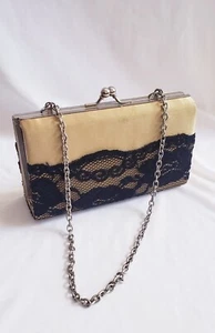 Vintage Gold Satin Black Lace MCM 50'S Retro Holiday Dress Clutch Purse Handbag  - Picture 1 of 9