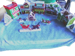 Handcrafted Finished Christmas Village plastic canvas - Picture 1 of 11