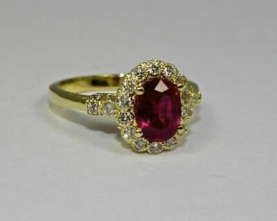 14k Yellow Gold Plated Lab-Created Oval Red Ruby And Round Diamond Halo Ring - Image 1 of 4