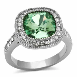Anillo de cóctel Halo de corte cojín verde ligero piedra de nacimiento acero inoxidable TK316 - Imagen 1 de 21