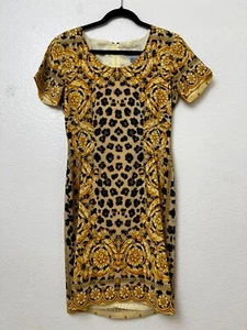 Vintage Y2K BLOOMINGDALE'S 100% Silk Rare Leopard + Gold Print Dress Size 8 - Picture 1 of 12