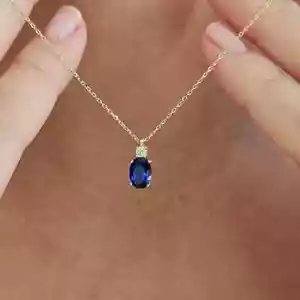 Colgante de cadena con forma ovalada de zafiro azul de 4 quilates certificado natural de plata de ley - Imagen 1 de 5