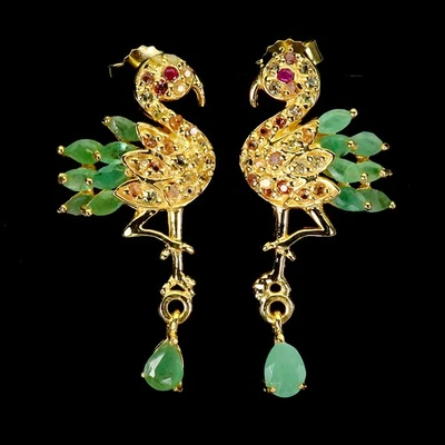 925 Sterling Silver Earrings Pear Emerald 6x4mm Ruby Egret Gemstone Jewelry - Image 1 of 4