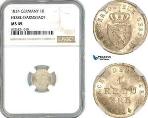 AK687, Germany, Hesse Darmstadt, Ludwig II, 1 Kreuzer 1834, Silver, NGC MS65 - Picture 1 of 1