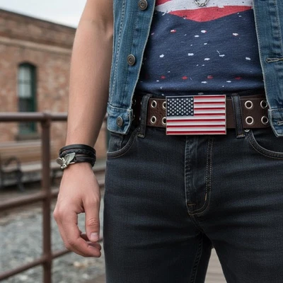 男式女式皮带扣金属银美国国旗红色蓝色白色 — 第 1/4 张图片