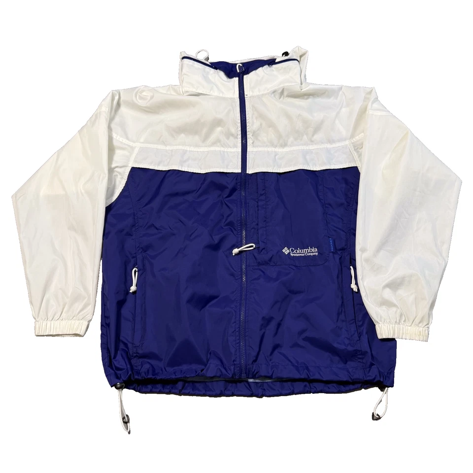 Chaqueta cortavientos Columbia para mujer L blanca púrpura con capucha y cremallera empaquetable Foto 1 de 4