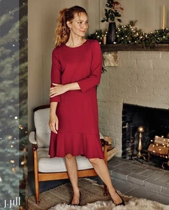 Vestido recto tejido ponte rojo oscuro J. Jill dobladillo volante talla L otoño invierno vacaciones - Imagen 1 de 7