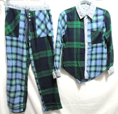 Aerie Size XXS/XS Blue & Green Plaid Long Soft Cotton Pajama Lounge Set - Image 1 of 4