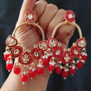 Indian Bollywood Style Gold Plated Kundan Earrings Red Meena Jewelry Set - Picture 1 of 7