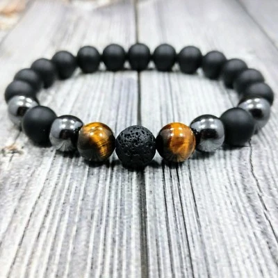 8"L HIP 10mm Black Onyx+Lava+Hematite+Tigers Eye Gemstone Men's Beaded Bracelet - Image 1 of 4