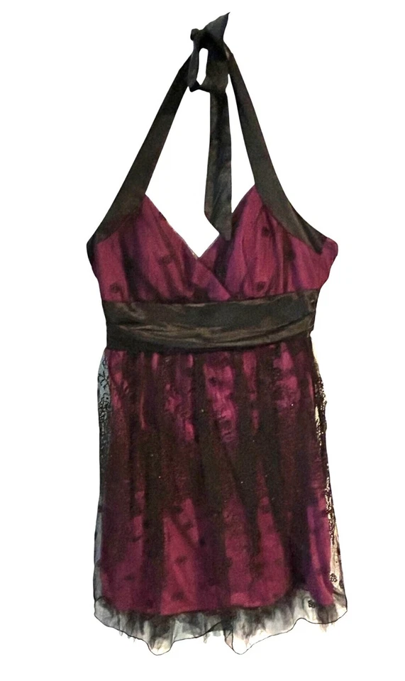 Love Tease Halter Dress Black Purple Lace Overlay Size 9 Fairlygoth Whimsigoth - Image 1 of 4
