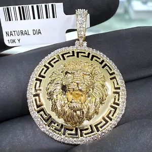 Ciondolo medaglione testa di leone oro vero 10 carati diamanti veri 0,62CTW 1,6" - Foto 1 di 6