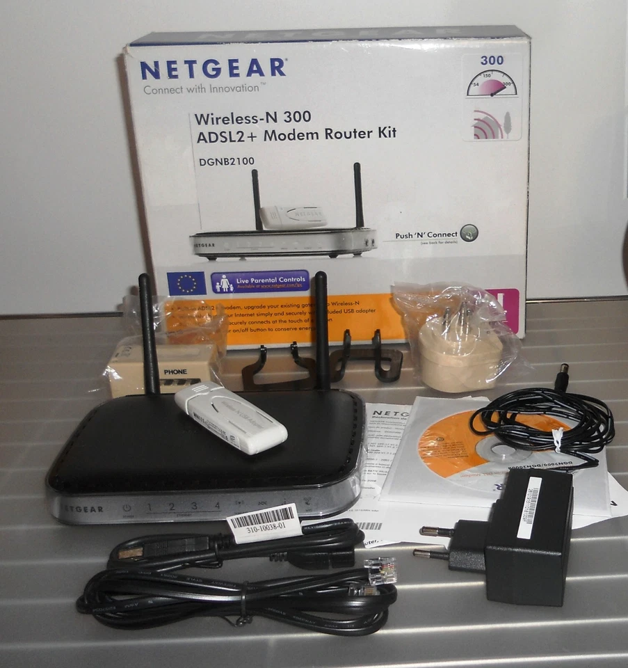 NETGEAR DGNB2100 WIRELESS MODEM ROUTER KIT N300 ADSL N 2.4 GHZ + ADATTATORE USB - Immagine 1 di 1