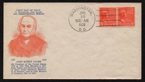 USA, SCOTT # 846, LINE PAIR HOLLAND FDC COVER - PRESIDENT JOHN QUINCY ADAMS 1939 - Picture 1 of 1