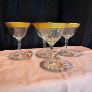 Tiffin antique champagne glasses 22 kt gold encrusted rims and bases set of 4 - Picture 1 of 10