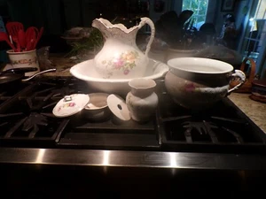 7 Pcs Antique Buffalo Pottery Pitcher/Basin chamber pot/powder/vase Cairo roses - Picture 1 of 17