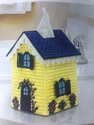 Mary Maxim Cottage Tissue Box Cover Plastic Canvas Kit Embroidery Cross Stitch - Image 1 of 4