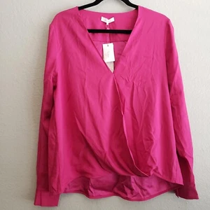 Parker Blouse Women's Size L Dark Azalea Twisted Wrap Front Long Sleeve V Neck - Picture 1 of 6