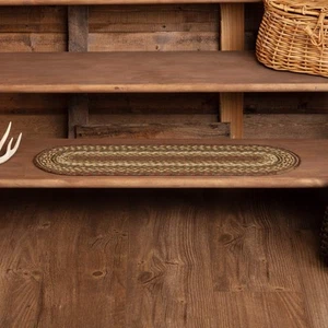 Tea Cabin Rustic Stair Tread Green Jute Striped Latex Backing Oval Floor Deco... - Picture 1 of 7