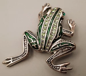 Vintage silberfarbene Frosch grüne Emaille & Strass Brosche 2" - Bild 1 von 10