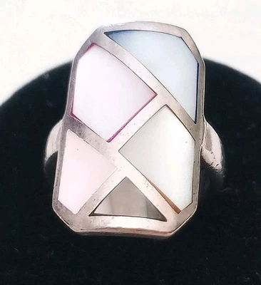 Anello vintage stile spoletta argento 925 madreperla bianco rosa azzurro M15 - Immagine 1 di 4