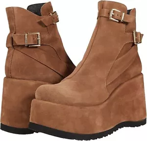 FREE PEOPLE NWOB Sabrina Brown Suede Platform Wedge Boots Buckles Size 37 7 - Picture 1 of 9