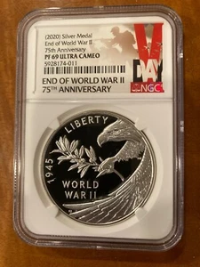 2020 P End of World War 2, WW2 75th Anniversary 1oz Silver Medal Eagle NGC PF69 - Picture 1 of 7