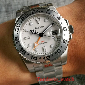 40mm Bliger White Dial GMT Automatic Mens Watch Sapphire Glass Oyster Strap Date - Picture 1 of 9